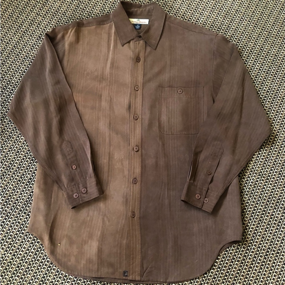 Tommy Bahama Long Sleeve Button Down Silk Shirt Aloha Hawaiian Soft Brown